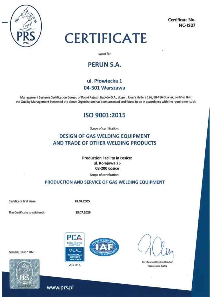 ISO 9001:201 certificate for PERUN