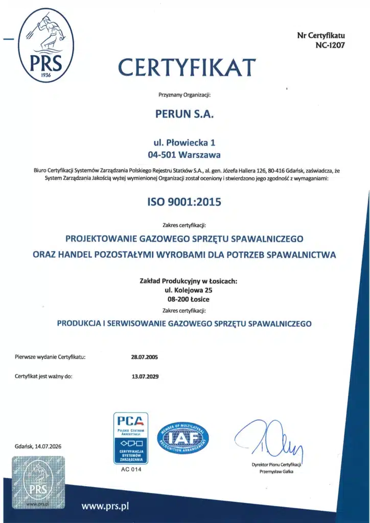 Certyfikat ISO 9001:201 dla PERUN