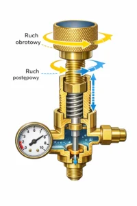 Schemat działania wrzeciona reduktora gazowego – ruch obrotowo-postępowy i regulacja ciśnienia