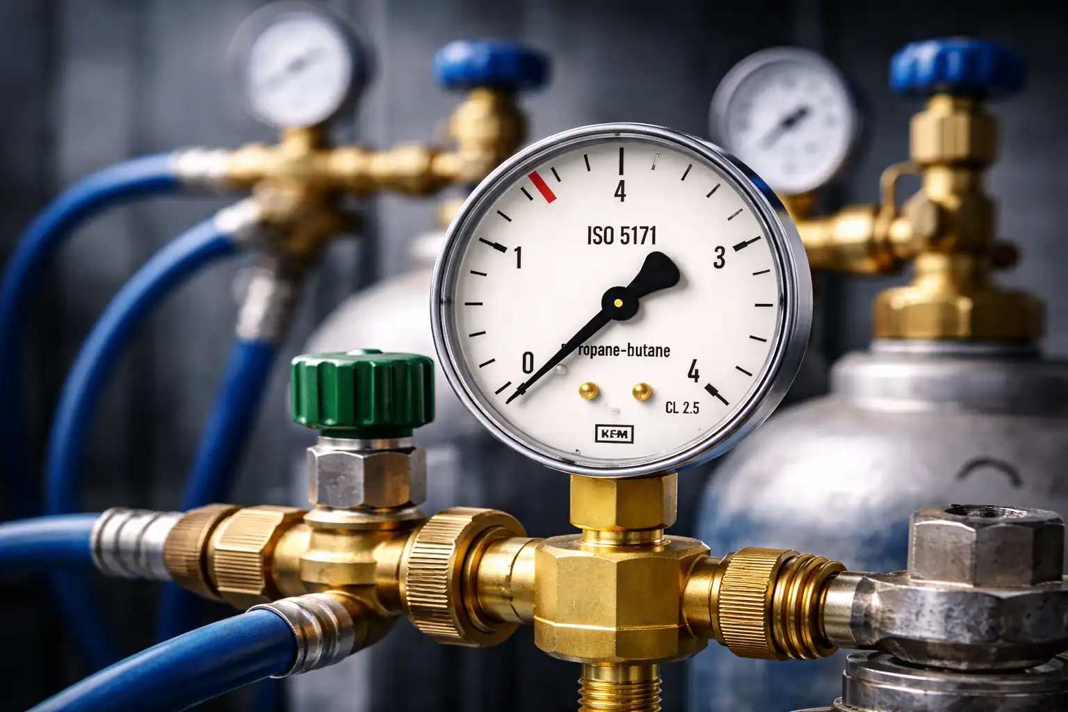 Manometr do propan-butan zamontowany na reduktorze w instalacji gazowej